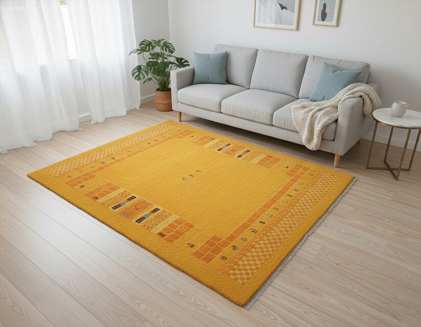 ペルシャ ギャッベ　リビング敷き　ラグ　198x155cm　黄金色　パネル 生命の木　ヤギ　RJ11320