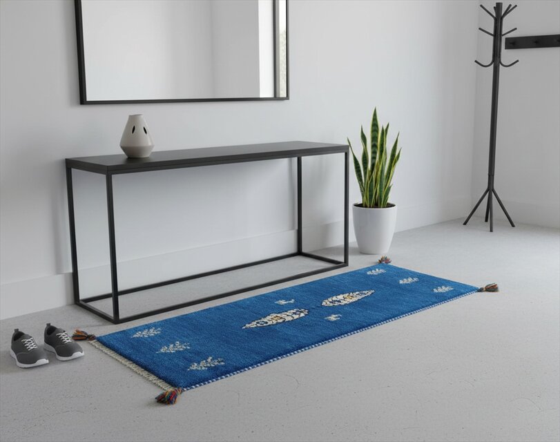 ペルシャ ギャッベ ミニランナー 120x42cm ロイヤルブルー　糸杉　生命の木 RJ16269