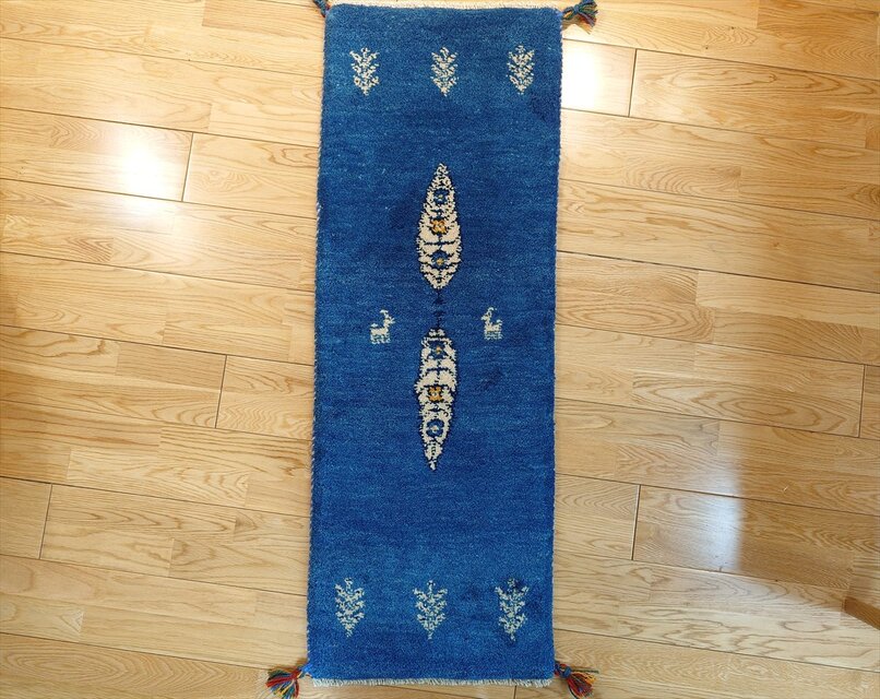 ペルシャ ギャッベ ミニランナー 120x42cm ロイヤルブルー 糸杉 生命の
