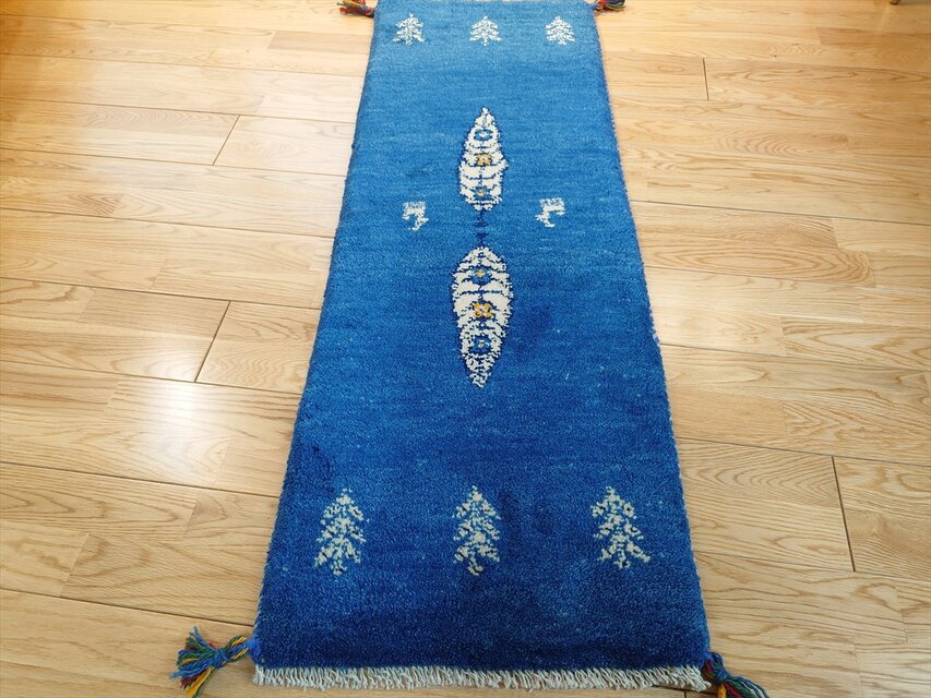 ペルシャ ギャッベ ミニランナー 120x42cm ロイヤルブルー 糸杉 生命の