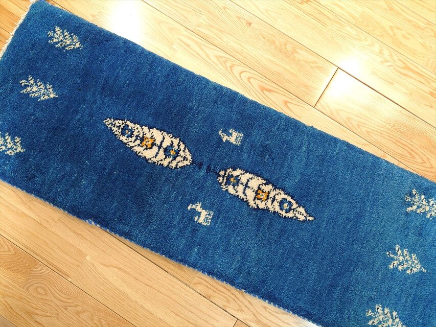 ペルシャ ギャッベ ミニランナー 120x42cm ロイヤルブルー 糸杉 生命の