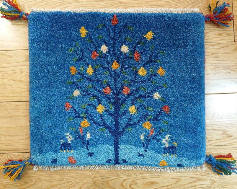 ペルシャ　ギャッベ　ミニマット　横44x38㎝　ランドスケープ　生命の木　青色　T9892