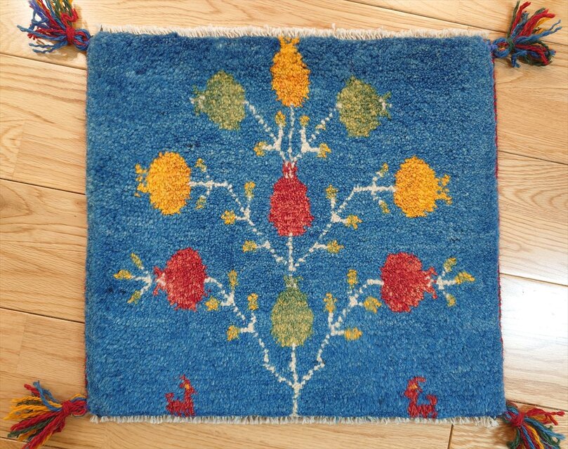 ペルシャ　ギャッベ　ミニマット　ラグ　横43x39cm　 青　ザクロの実　T9970