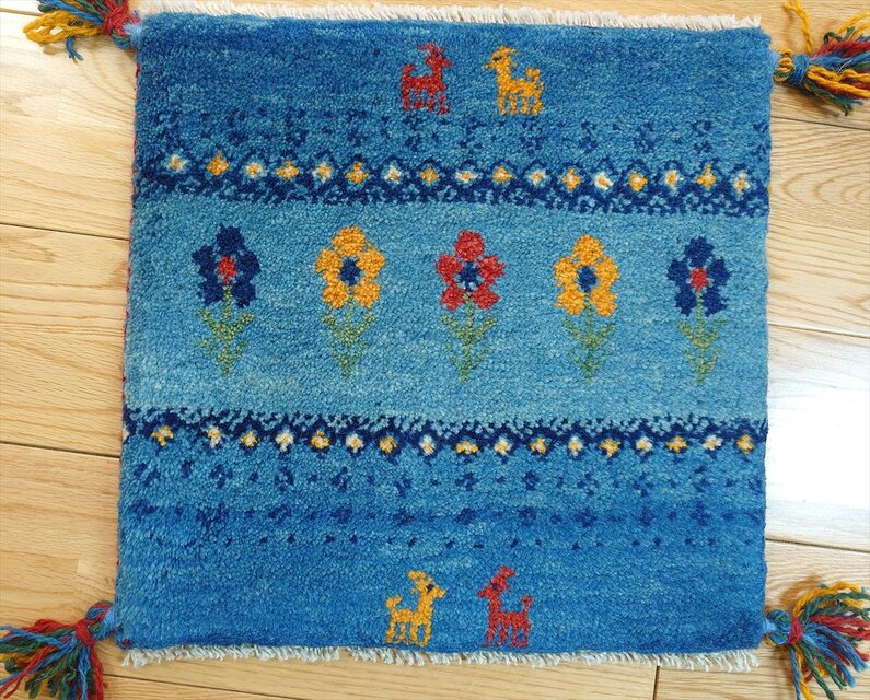 ペルシャ　ギャッベ　ミニマット　ラグ　横38.5x38cm　青色　花　生命の木　羊　Z71