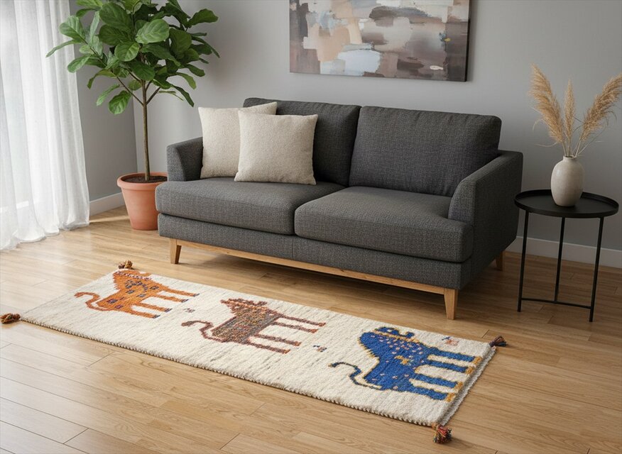 ペルシャ　ギャッベ ランナー中　ラグ　135x53cm　3匹のライオン　RJ12937