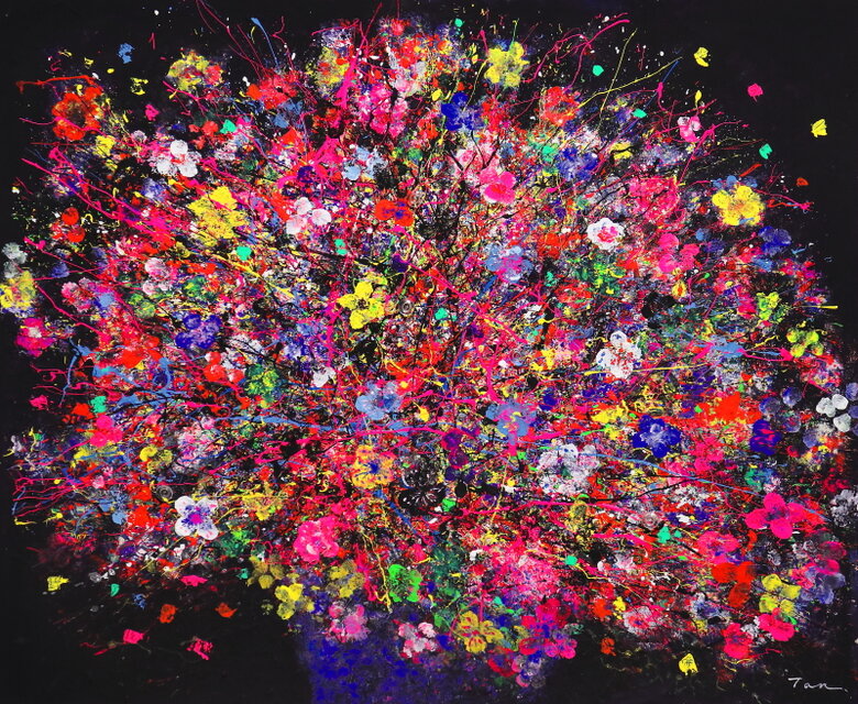 「Flowers」(NO.2527) 15号F 画紙にアクリル絵の具 送料無 額付き 画像をクリックすると全面画像になります