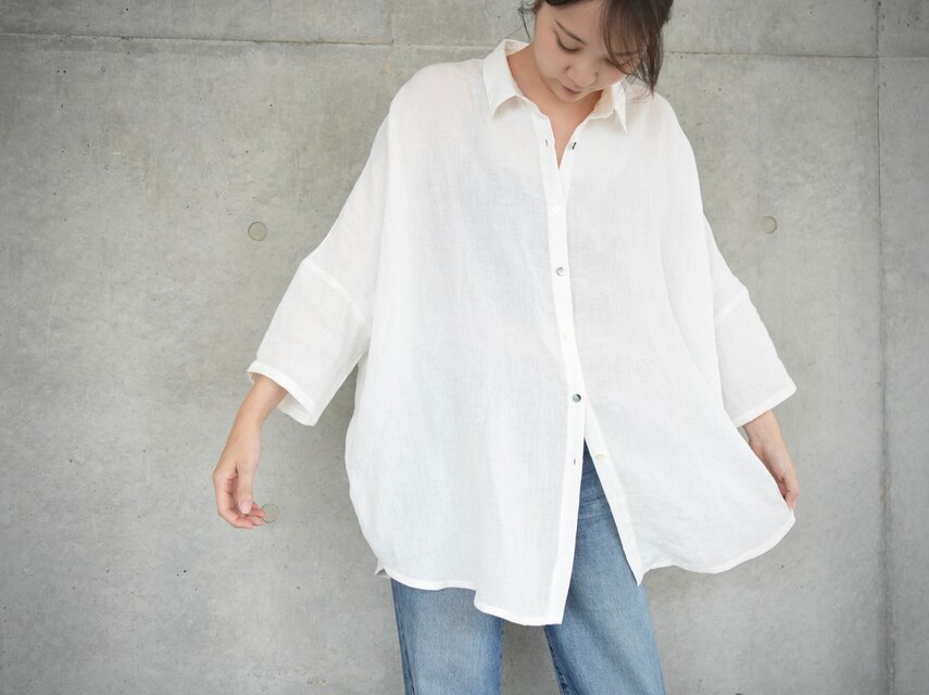 シックで上品な装い ❤︎ 柔らかリネンのドロップショルダーシャツ 白  No.353