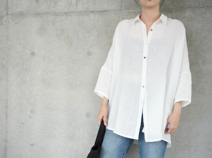 シックで上品な装い ❤︎ 柔らかリネンのドロップショルダーシャツ 白