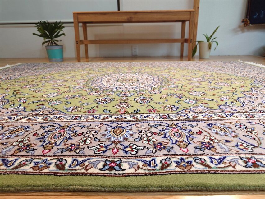 ヴィンテージ ペルシャ絨毯 140×108cm トルクメン エメラルドグリーン ペルシャ絨毯 カシャーン産 ライトグリーン エメラルドグリーン 若草色
