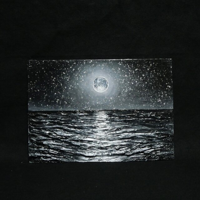 油絵【白黒の満月と星空の海】 | iichi 日々の暮らしを心地よくする