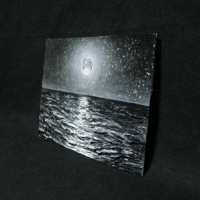 油絵 油彩 油彩画 絵 絵画 【白黒の満月と星空の海】 油絵 油彩 油彩画 絵 絵画 【白黒の満月と星空の海】 絵画