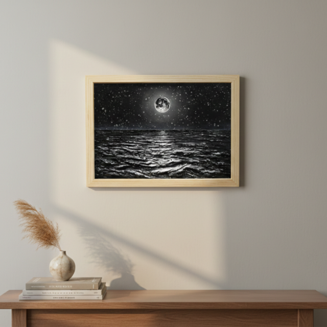 油絵 原画】白黒の満月の海 | 絵画 油彩画 インテリア | iichi 日々の