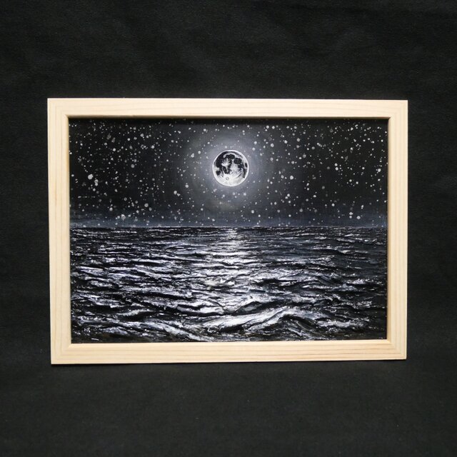 油絵 原画】白黒の満月の海 | 絵画 油彩画 インテリア | iichi 日々の