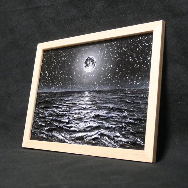 油絵 原画】白黒の満月の海 | 絵画 油彩画 インテリア | iichi 日々の