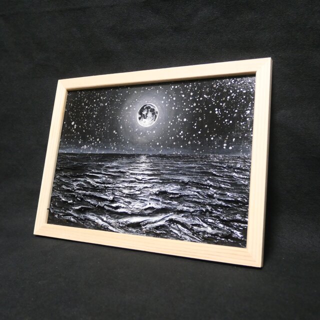 油絵 原画】白黒の満月の海 | 絵画 油彩画 インテリア | iichi 日々の
