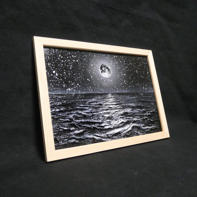 油絵 原画】白黒の満月の海 | 絵画 油彩画 インテリア | iichi 日々の