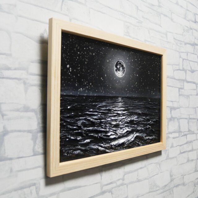 油絵 原画】白黒の満月の海 | 絵画 油彩画 インテリア | iichi 日々の