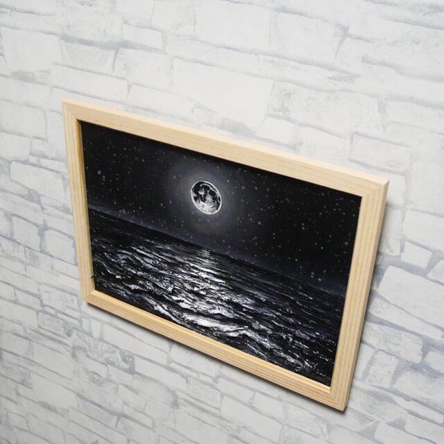 油絵 原画】白黒の満月の海 | 絵画 油彩画 インテリア | iichi 日々の
