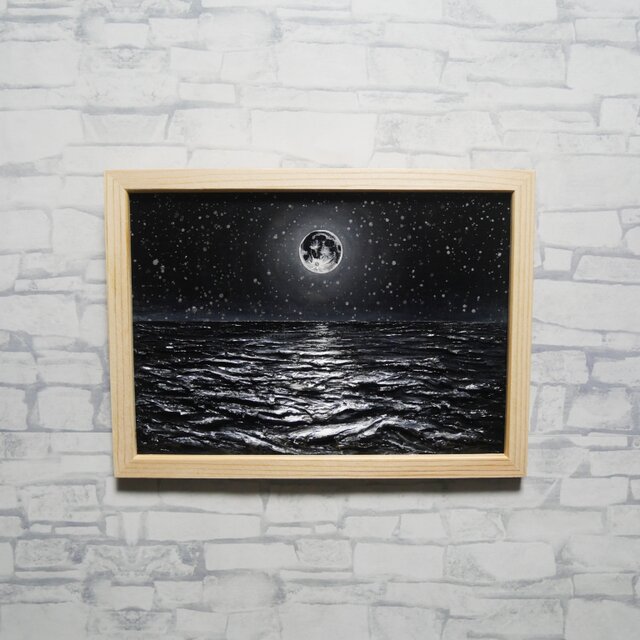 油絵 原画】白黒の満月の海 | 絵画 油彩画 インテリア | iichi 日々の