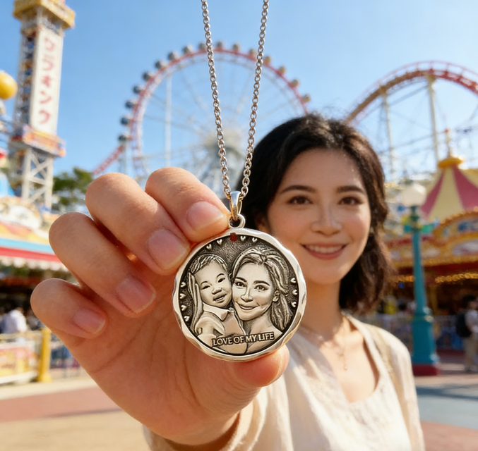 似顔絵 家族記念日 プレゼント 家族写真 記念品 お写真から作る ペンダント・ネックレス 純銀 SV999 肖像画 名前入り