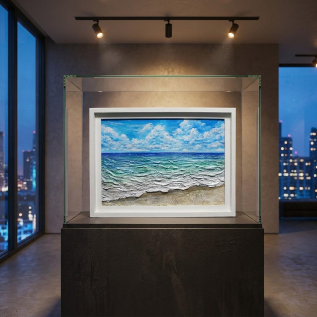 立体3Dアート】夏の砂浜の海 油絵 原画 額付き / 海の絵 壁掛け