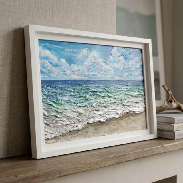 立体3Dアート】夏の砂浜の海 油絵 原画 額付き / 海の絵 壁掛け