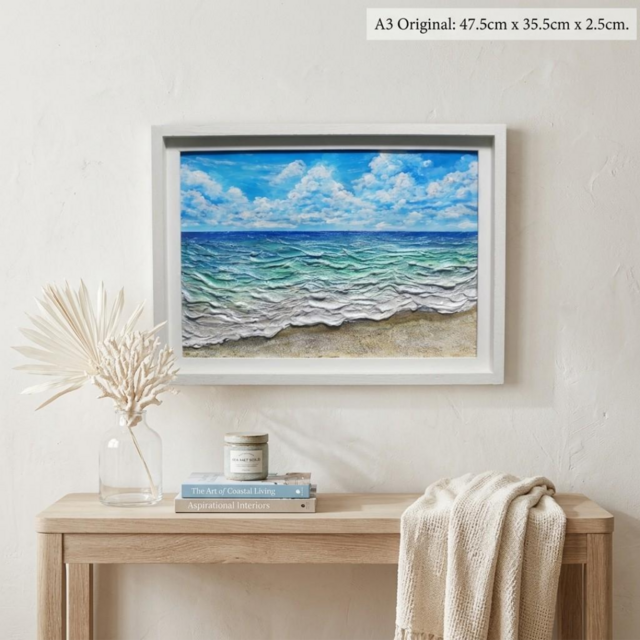 立体3Dアート】夏の砂浜の海 油絵 原画 額付き / 海の絵 壁掛け