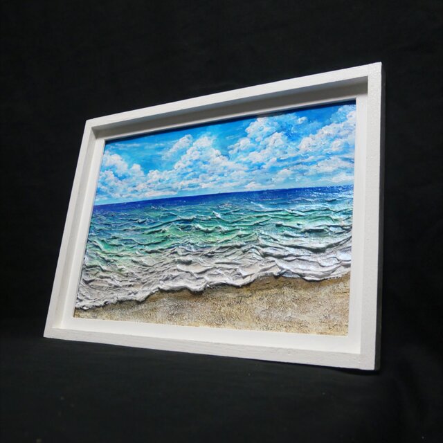立体3Dアート】夏の砂浜の海 油絵 原画 額付き / 海の絵 壁掛け