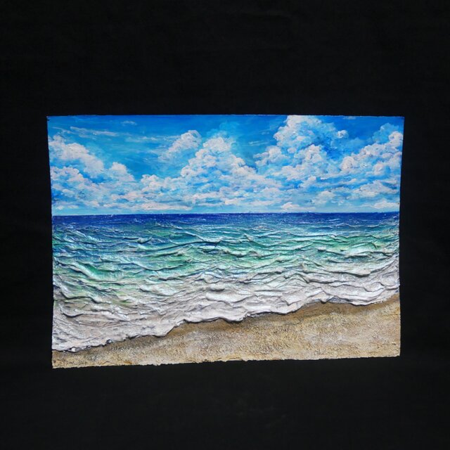 立体3Dアート】夏の砂浜の海 油絵 原画 額付き / 海の絵 壁掛け