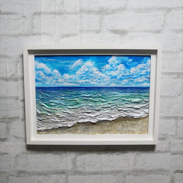 立体3Dアート】夏の砂浜の海 油絵 原画 額付き / 海の絵 壁掛け