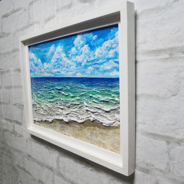 立体3Dアート】夏の砂浜の海 油絵 原画 額付き / 海の絵 壁掛け