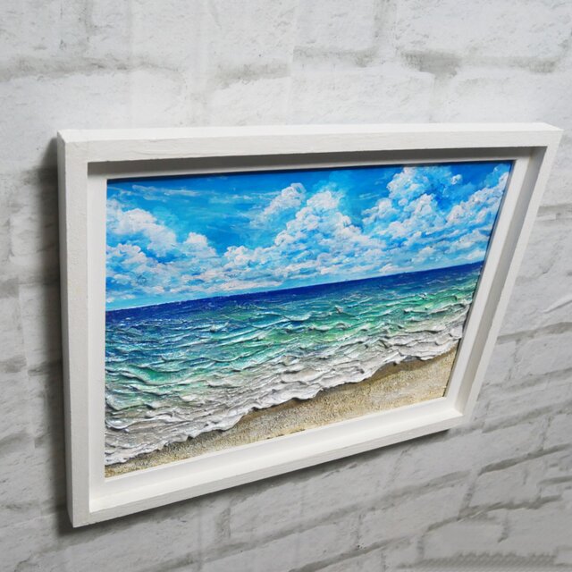 立体3Dアート】夏の砂浜の海 油絵 原画 額付き / 海の絵 壁掛け