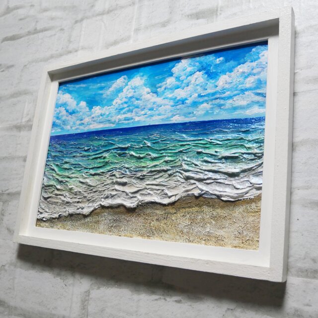 立体3Dアート】夏の砂浜の海 油絵 原画 額付き / 海の絵 壁掛け
