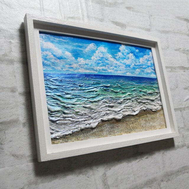 立体3Dアート】夏の砂浜の海 油絵 原画 額付き / 海の絵 壁掛け