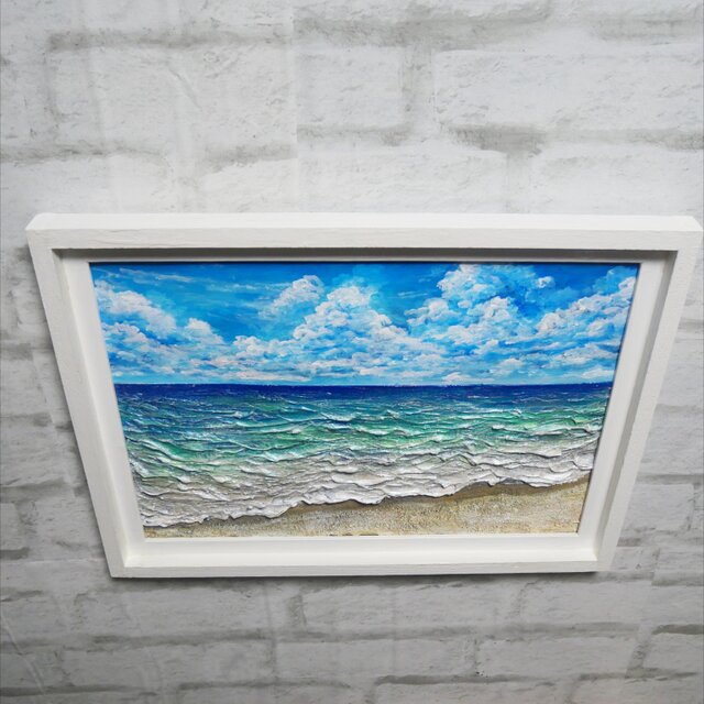 立体3Dアート】夏の砂浜の海 油絵 原画 額付き / 海の絵 壁掛け