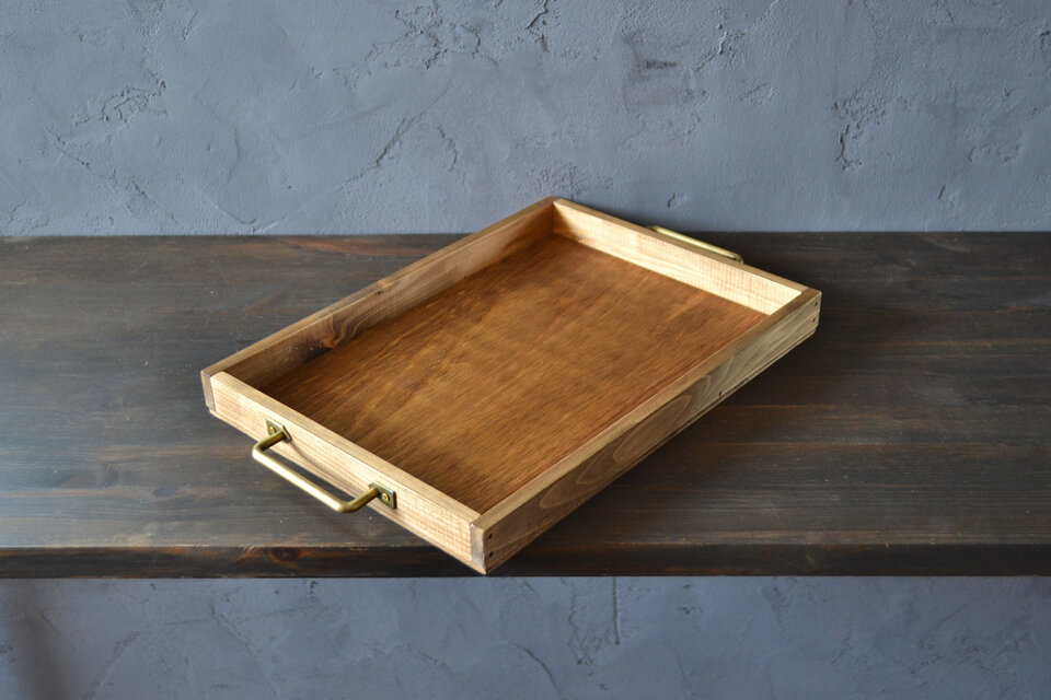 0310mito　国産ひのきのカフェトレイ　Lサイズ（アンティークゴールド丸）