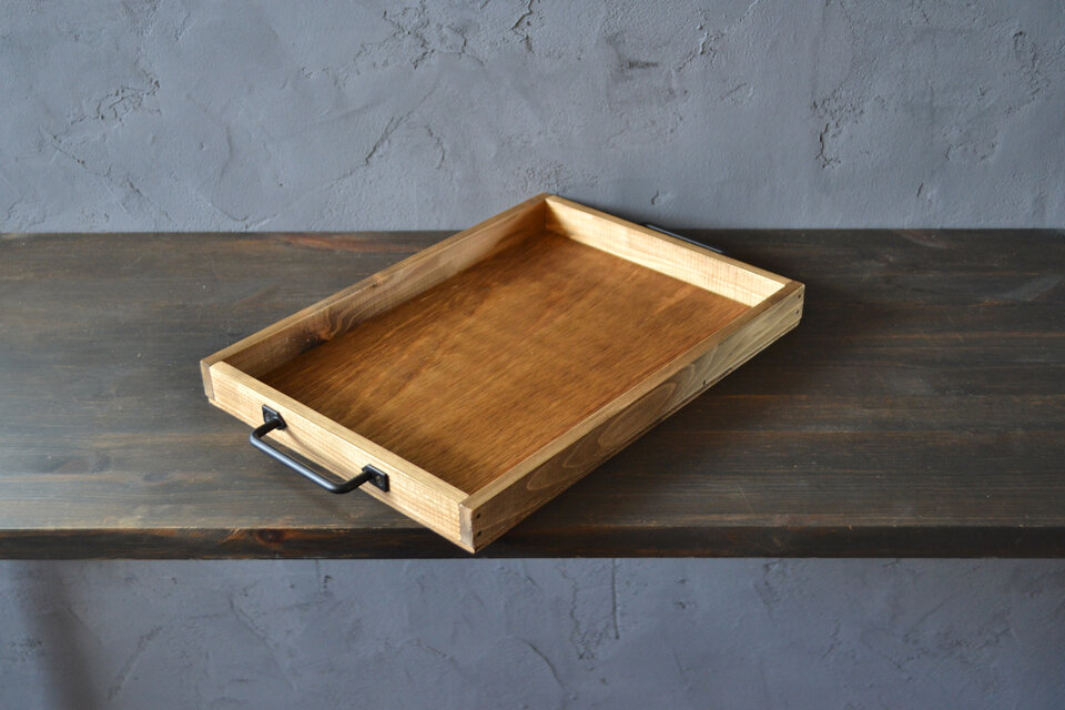 0310mito　国産ひのきのカフェトレイ　Lサイズ（黒アイアン丸）