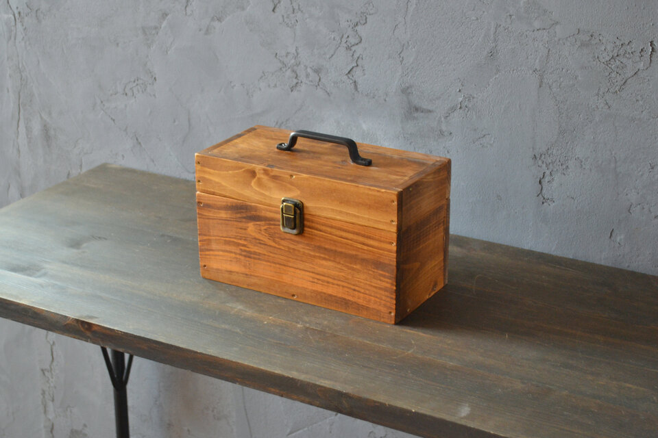 0310mito　国産ひのきのトランクBOX　木製ケース　Mサイズ　黒アイアン角