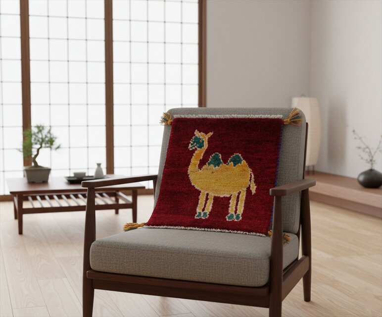 ペルシャ ギャッベ ミニマット ラグ 横38x42.5cm 茜色 ラクダ コブが青