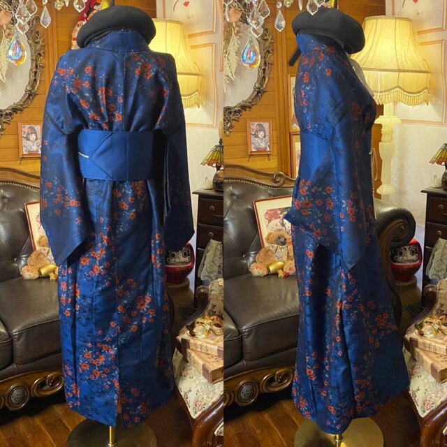 さき 帯付きセット♡和洋折衷セパレートワンピース☆ロングスカート紺地に百合 和洋折衷ロングワンピース 着物アンサンブル 名古屋帯サッシュベルト