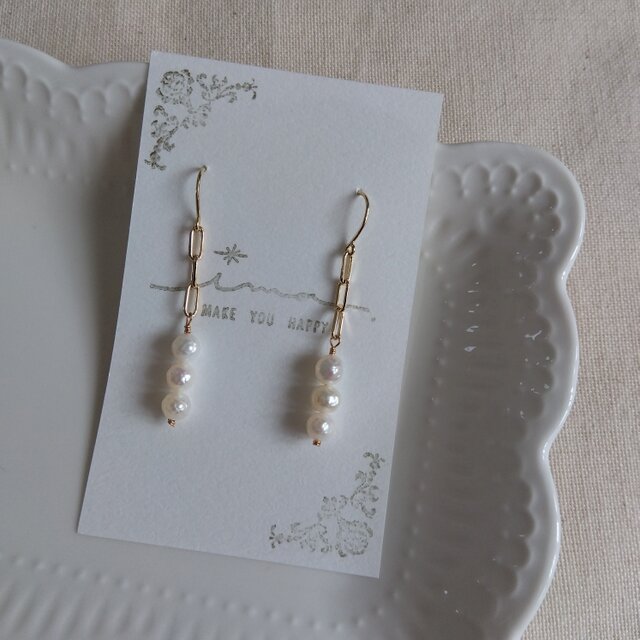 14kgf ３粒カット淡水パールのニュアンスチェーンピアス