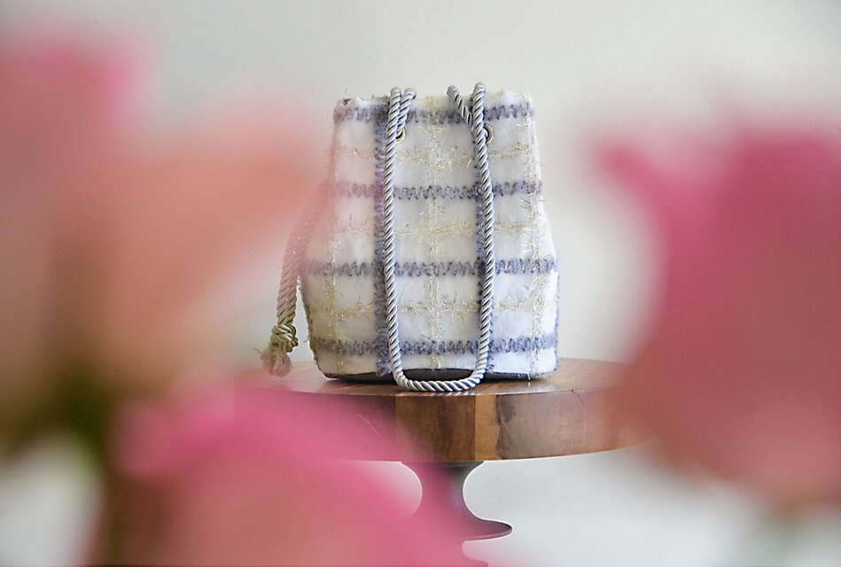 数量限定! エンブロイダリーシアーチェック　2way ポシェットマリンバッグ　ホワイトグレー×ゴールド　ミニショルダー