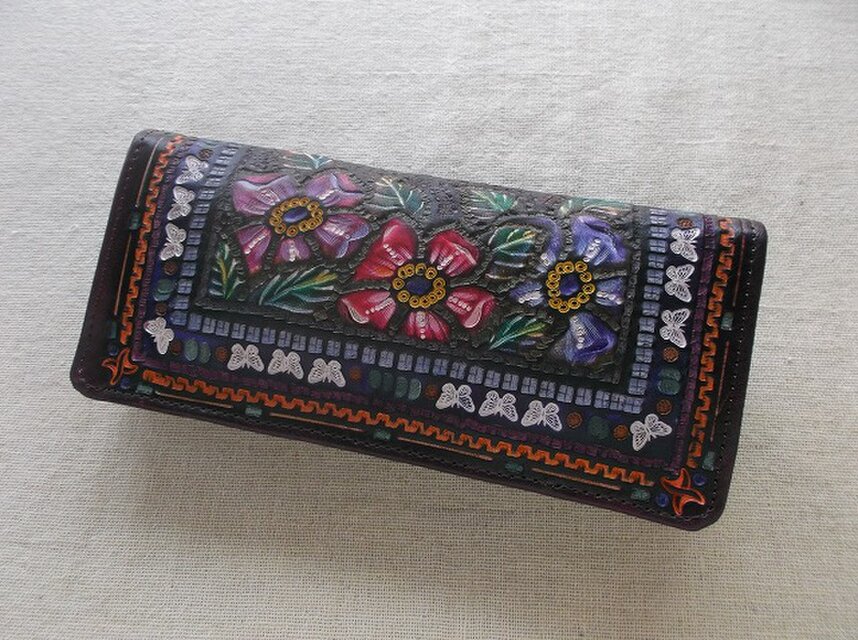 刻印＆拭き染めのロングウォレット　（マチ付き）