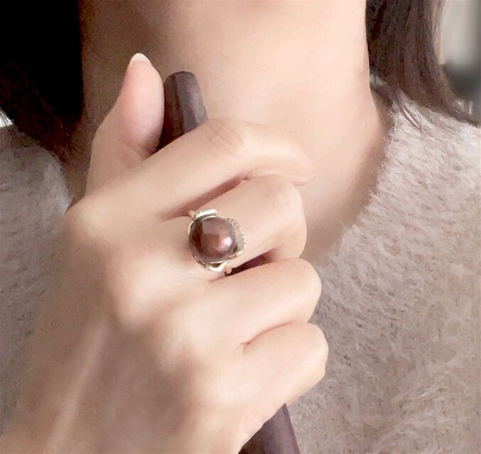 淡水パール チョコレートブラウン 大粒 フラワーリング 調色　12.4mm