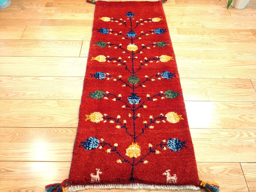 ペルシャ ギャッベ ミニランナー ラグ 115x44cm 茜色 ザクロの実
