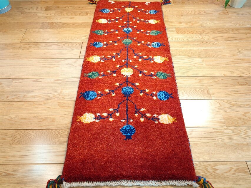 ペルシャ ギャッベ ミニランナー ラグ 115x44cm 茜色 ザクロの実