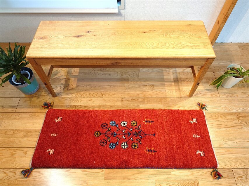 ペルシャ ギャッベ ミニランナー ラグ 116x40cm 茜色 花 ヤギ 羊