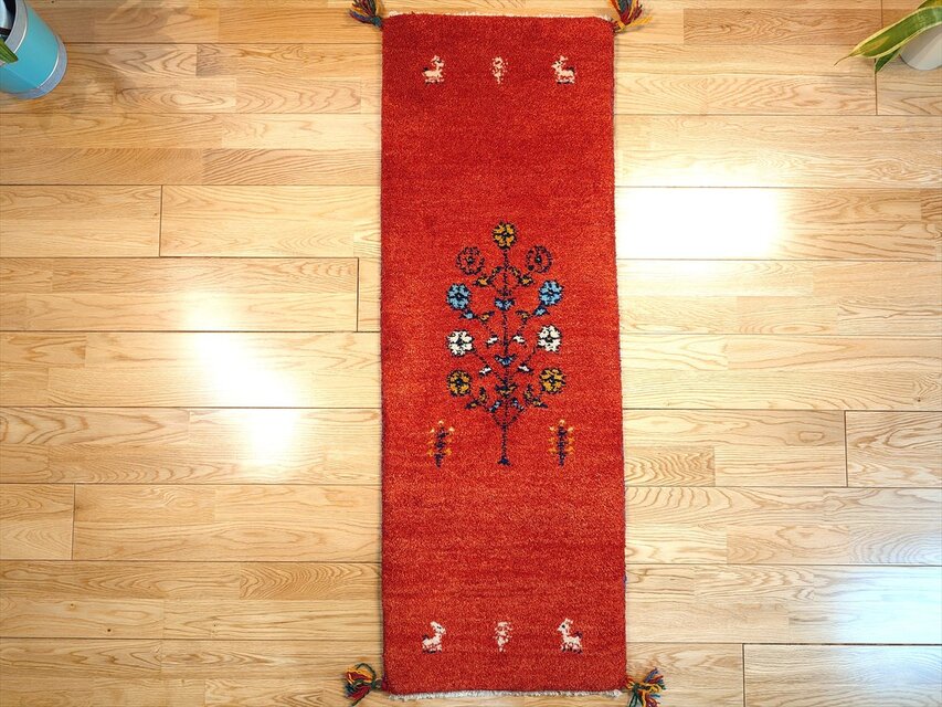 ペルシャ ギャッベ ミニランナー ラグ 116x40cm 茜色 花 ヤギ 羊