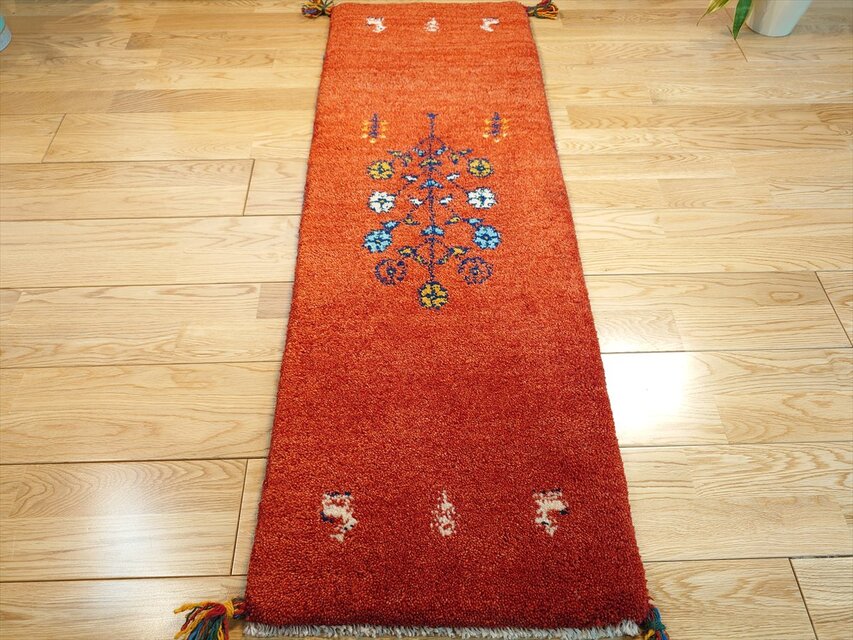 ペルシャ ギャッベ ミニランナー ラグ 116x40cm 茜色 花 ヤギ 羊