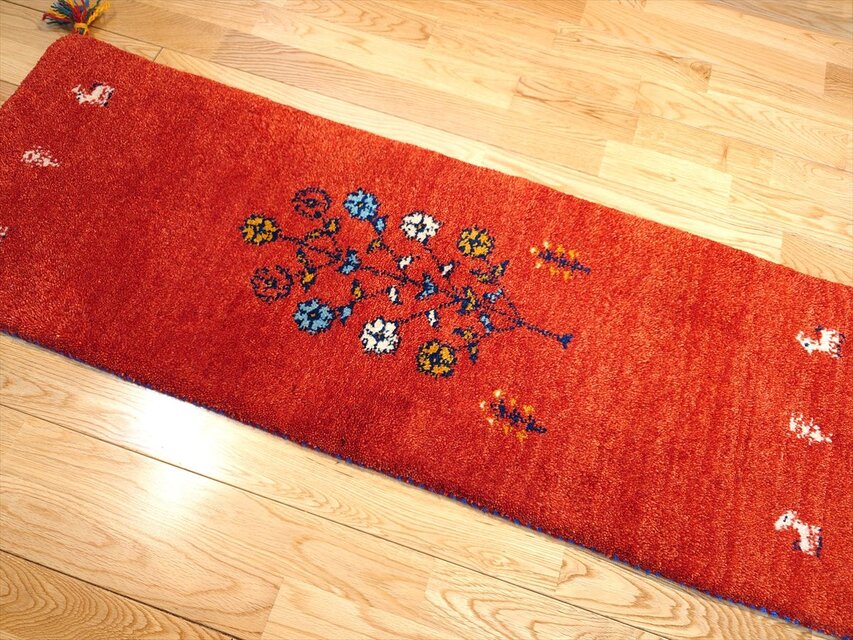 ペルシャ ギャッベ ミニランナー ラグ 116x40cm 茜色 花 ヤギ 羊